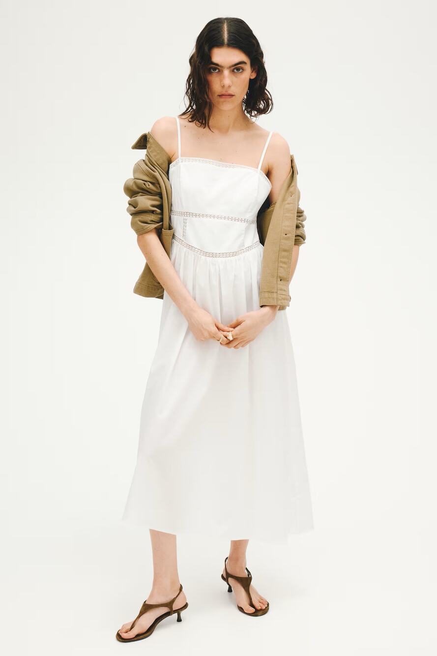 NEW H&M Midi Dress Women White Lace Trim Tie Strap Fit & Flare Sleeveless Size S
